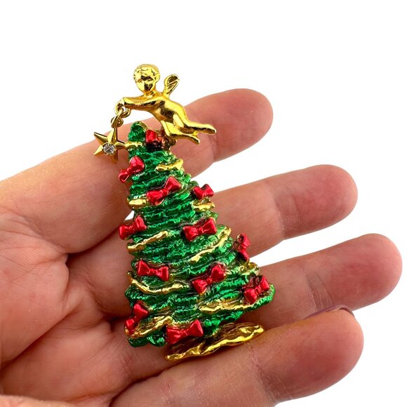 Green Christmas Tree Brooch Red Bows Angel Topped Rhinestone Star - Picture 6 of 6